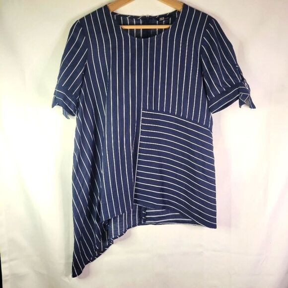 Korean 100% Linen Navy and White Asymmetrical Blouse - Picture 1 of 12
